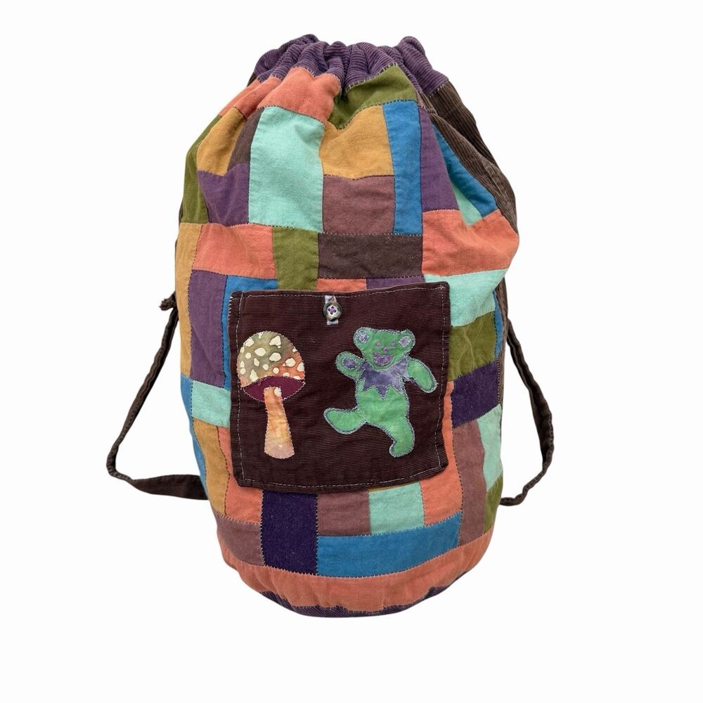 ⁠Vintage 90s Grateful Dead Dancing Bear Mushroom Patchwork Corduroy Backpack Bag